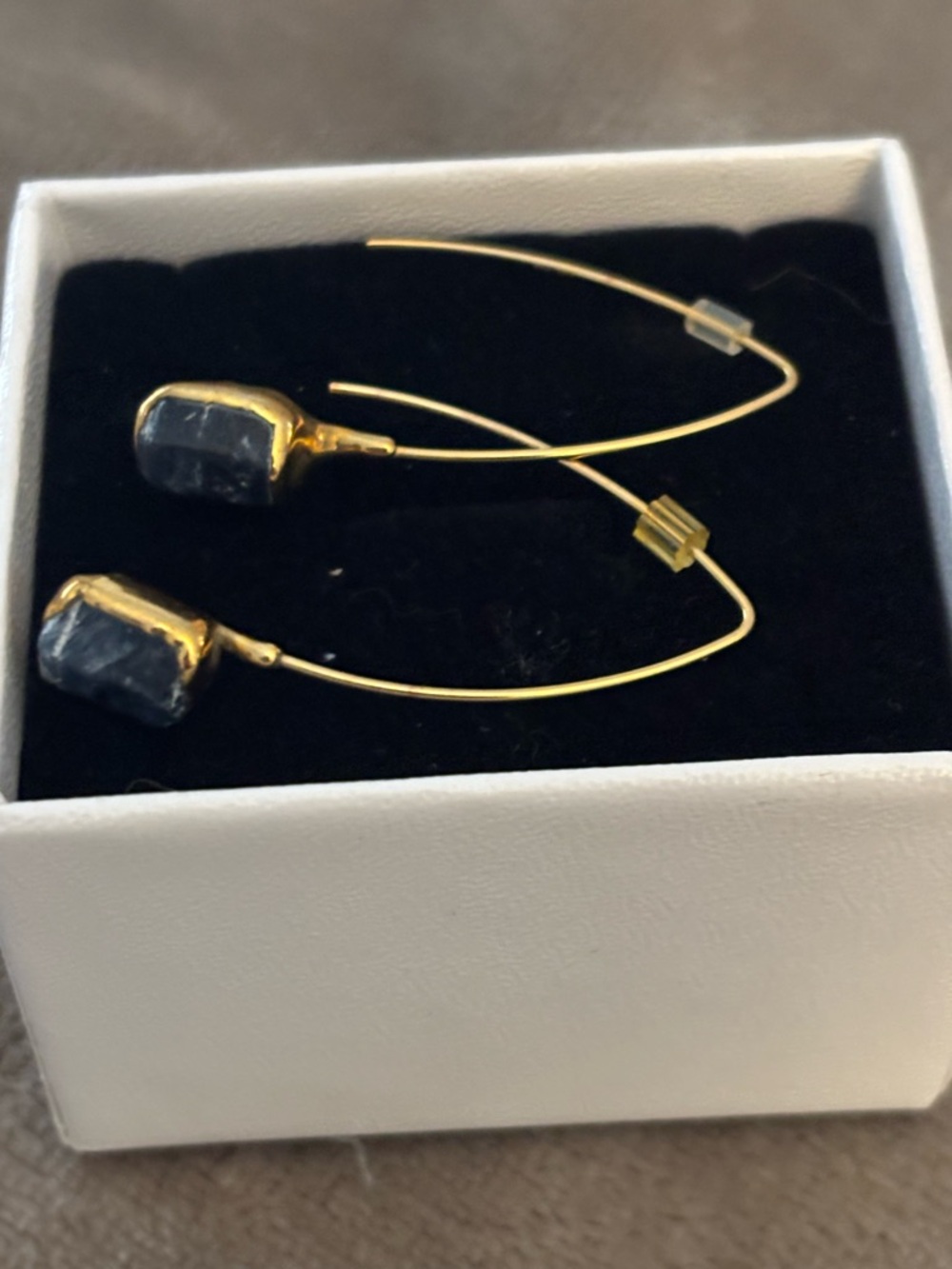 Gold Drop Earrings with Blue Stone - Picture 2 of 3